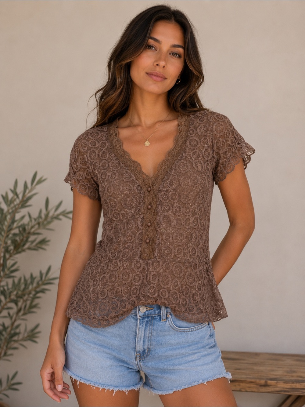 Creative Design Works Brown Sheer Lace Peplum Top Size Small Boho
